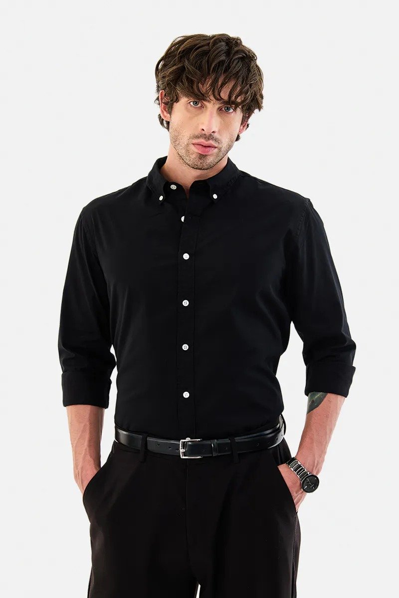 Drezola Best Oxford Men’s Solid Black Slim-Fit Button-Down Shirt - Image 2