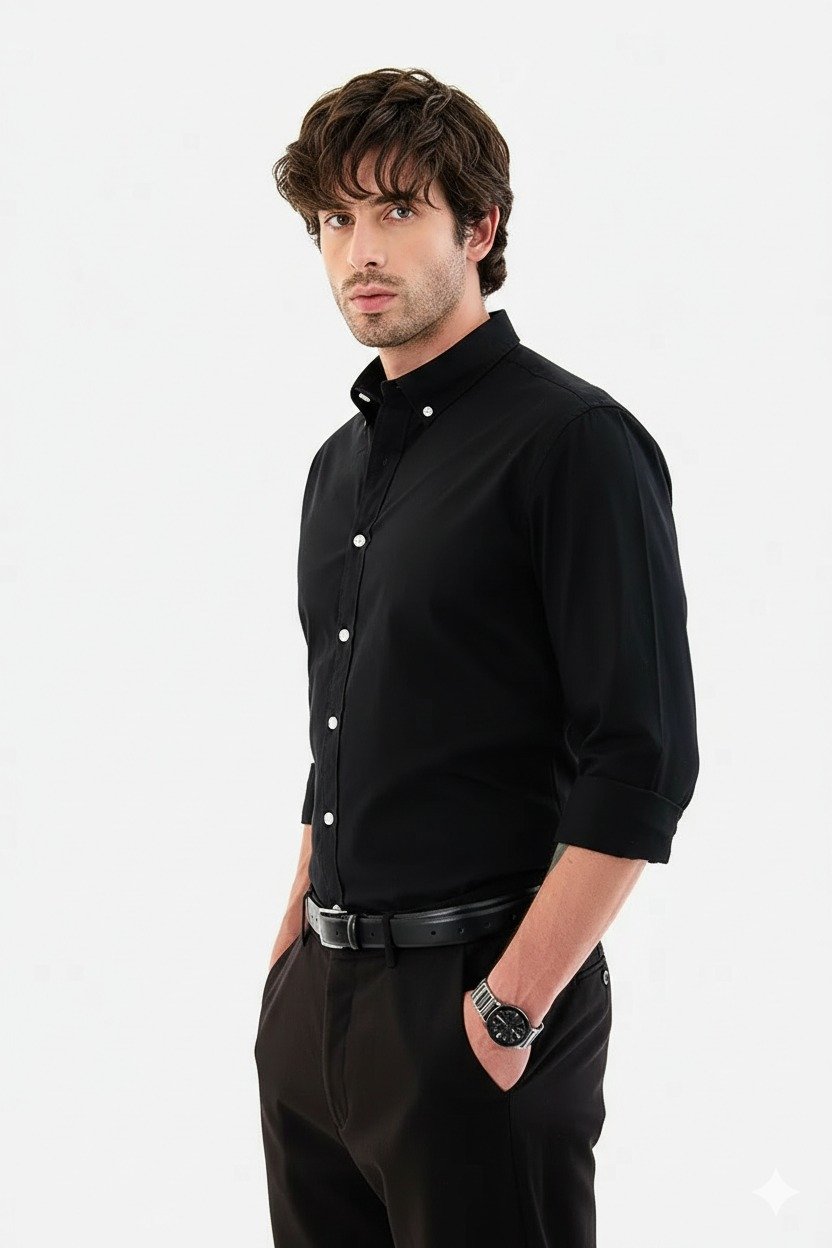 Drezola Best Oxford Men’s Solid Black Slim-Fit Button-Down Shirt - Image 3