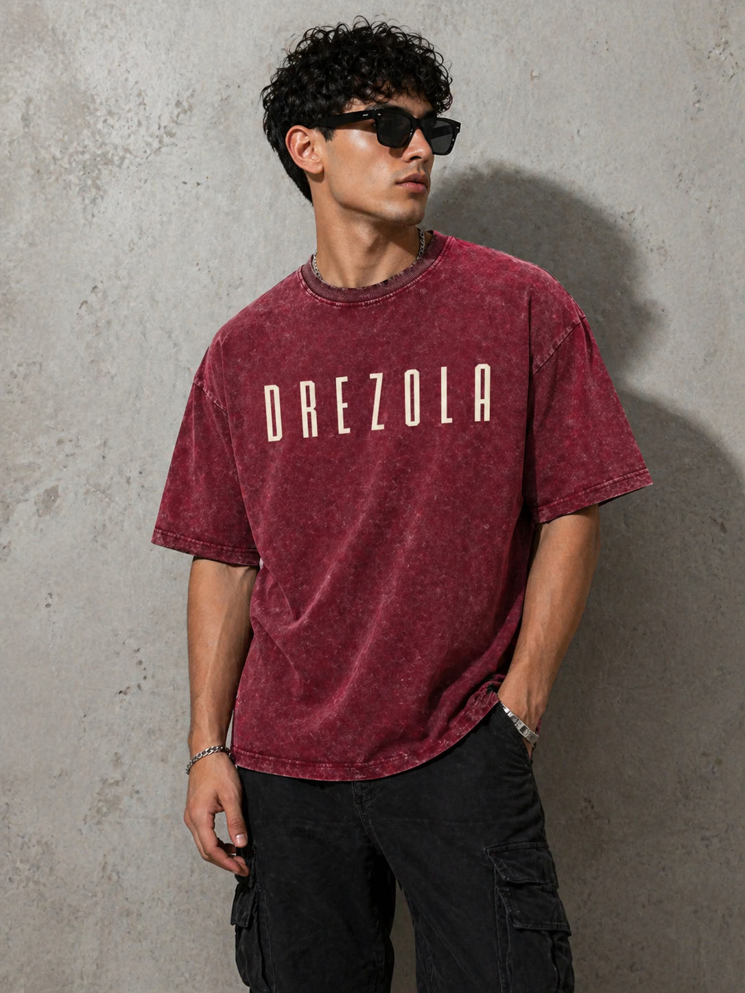 Men Oversized Dusty Maroon Acid Wash T-Shirt | Drop Shoulder Graphic Printed T-Shirt for Men | Streetwear - Image 2